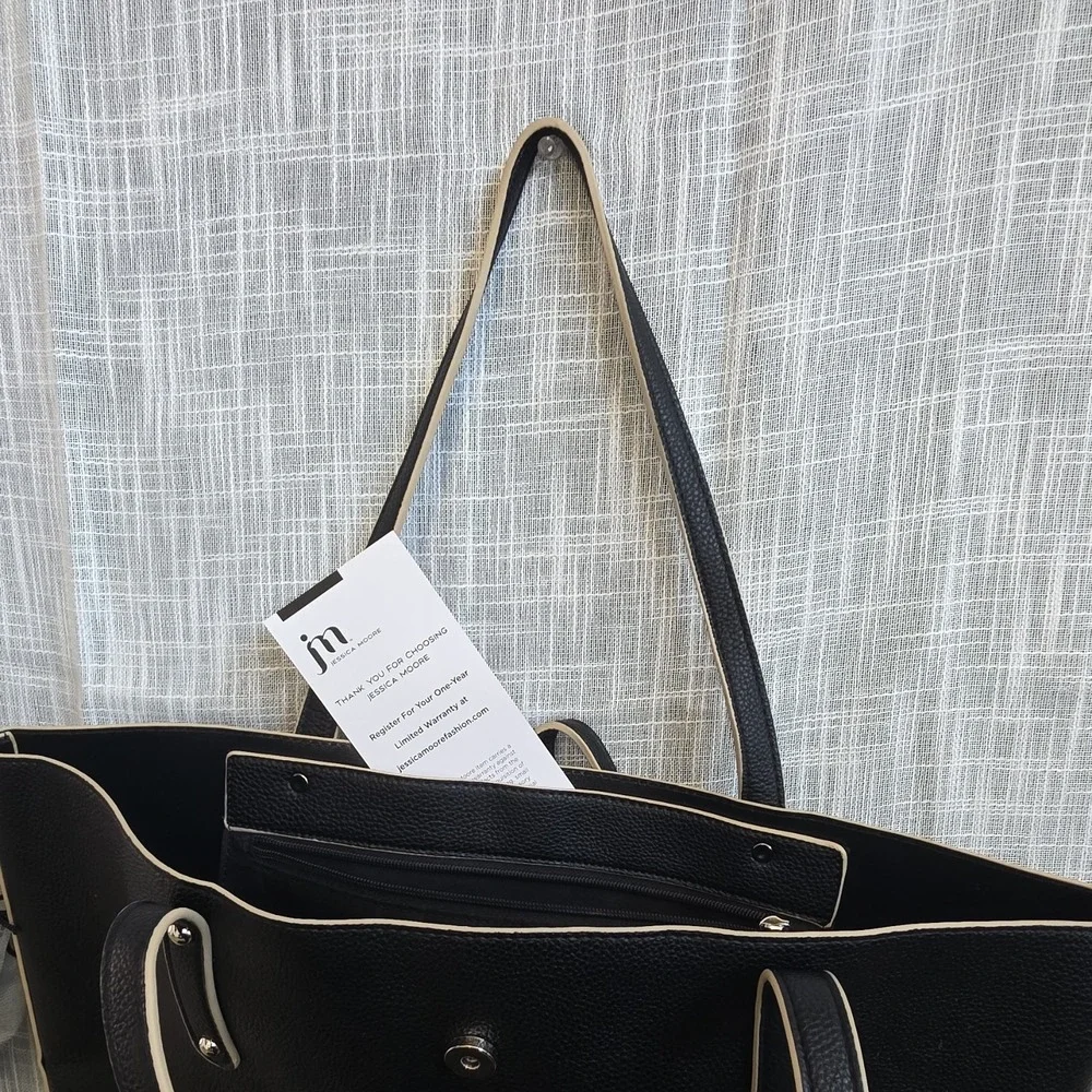 Jessica Moore Black Pebbled Tote Silver Hardware Button Closure Women's